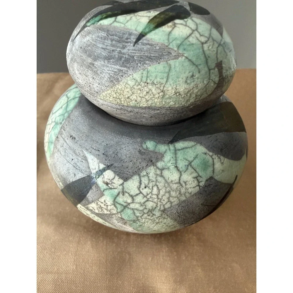 Lynn Dee Studio Pottery Raku Lidded Jar Green Grey Abstract Leaf Signed Art Ware